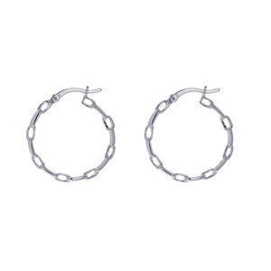 May include: A pair of silver hoop earrings with a chain link design.