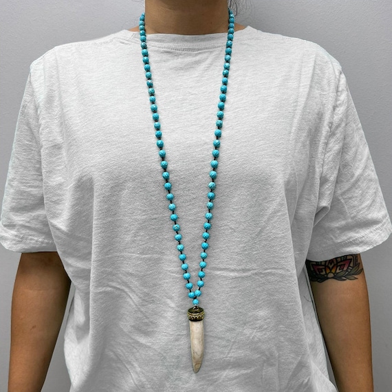 Turquoise Horn Necklace 36 Inch Natural Stone Necklace Double