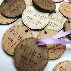 Custom Wood Wedding Favor Tags – Engraved Maple, Cherry, Walnut
