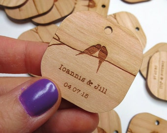 1.5 x 1.5 Birds Kissing Wedding Tags - Custom Wedding Tags - Wood Wedding Tags