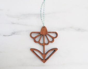 Cherry Wood Wildflower Ornament, Handmade Holiday Decor