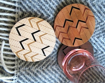 Wood Coasters - Set of 2 - Engraved Wood Coasters - Chevron - Herringbone - set of 2