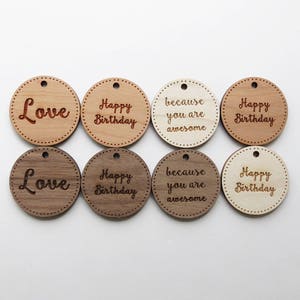 Laser Engraved Wood Gift Tags - Maple, Cherry, Walnut - Pack of 8