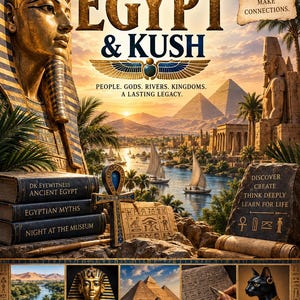 May include: A poster titled UNIT 3 ANCIENT EGYPT & KUSH featuring a golden pharaoh bust, pyramids, sailboats on a river, and an ankh symbol. Text includes EXPLORE HISTORY, UNCOVER MYTHS, MAKE CONNECTIONS, and ANCIENT STORIES. MODERN QUESTIONS.