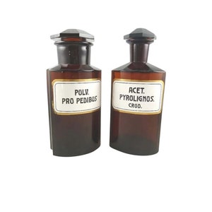 Antique French Amber Apothecary Bottles: Enameled Label Pharmacy Jars, Set of 2