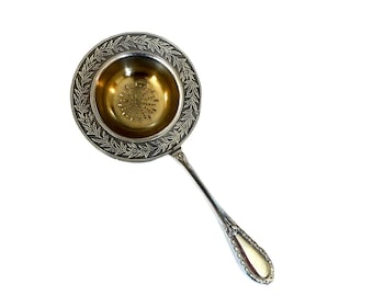 Antique French Sterling Silver Tea Strainer: Gilt Vermeil, Guilloché Work