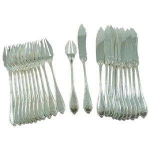 Antique French Sterling Silver Fish Service: Belle Epoque Flatware Set
