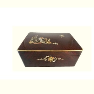 Antique French Mahogany Dressing Box: Mother of Pearl Inlay, Vanity Jewelry Box