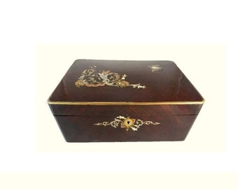 Antique French Mahogany Dressing Box: Mother of Pearl Inlay, Vanity Jewelry Box