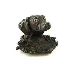 Charming Novelty Inkwell, Dog With Glass Eyes, Pen Holder, Desk Accessory, Late 19th C