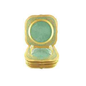Royal Worcester Plates with Heavy Gilt Square Shape Set of 8 Salad or Dessert Plates Formal Table Dining, 8 Inches