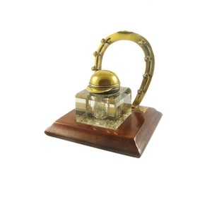 Antique English Brass Inkwell: Jockey Cap & Horseshoe Pen Rest