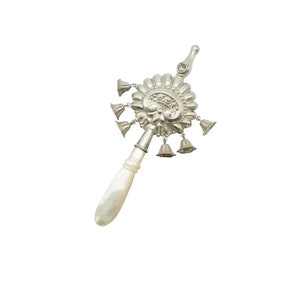 From France to Baby, Antique French Silver Baby&#39;s Rattle with Whistle, Mother of Pearl Handle, 5 1/2” long X 2” wide