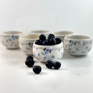 Antique French Cider Cups: Blue Floral Earthenware, Set of 6