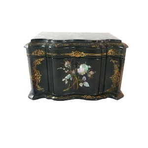 Antique Papier Mache Tea Caddy: Victorian Mother of Pearl Inlay, C. 1850
