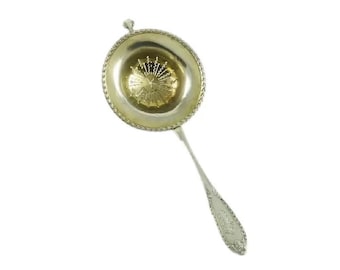 Antique French Sterling Silver Tea Strainer: Gilt Vermeil, Acanthus Handle