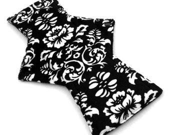 12" Night Postpartum Black and White Rose Damask Minky backed with premium WindPro Fleece Cloth Menstrual Pad Mama Cloth Pad, Reusable