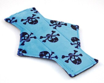 9" Light Day Skull and Bones Blue Minky backed with premium WindPro Fleece Cloth Menstrual Pad, Mama Cloth, Cloth Pad, Reusable Pad