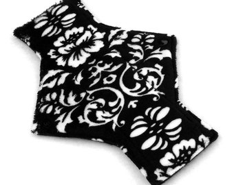 9" Light Day Black and White Rose Damask Minky  backed with premium WindPro Fleece Cloth Menstrual Pad, Mama Cloth, Cloth Pad, Reusable Pad