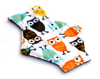 7.5" Pantyliner Night Owl Blue Orange Brown Minky backed in Premium WindPro Fleece, Cloth Pad, Menstrual Pad, Mama Cloth, Reusable Pad