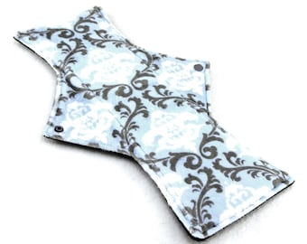 12" Night Postpartum Damask Vine Dusty Blue Minky backed with premium WindPro Fleece Cloth Menstrual Pad, Mama Cloth, Cloth Pad Reusable Pad