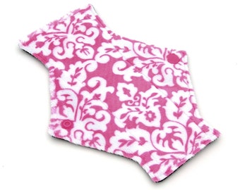 7.5" Pantyliner Fuchsia and White Damask Minky backed in Premium WindPro Fleece, Cloth Pad, Menstrual Pad, Mama Cloth, Reusable Pad