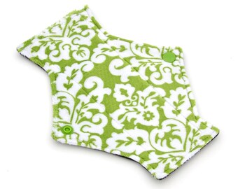 7.5" Pantyliner Jade and White Damask Minky backed in Premium WindPro Fleece, Cloth Pad, Menstrual Pad, Mama Cloth, Reusable Pad