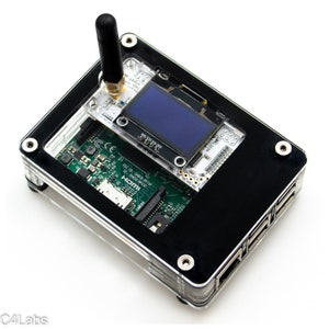 May include: A black acrylic case with a green circuit board inside. The case has a small LCD screen and a black antenna. The text on the circuit board reads "FCC ID: ZABCB-RP13 1020053-89132" and "HDMI".