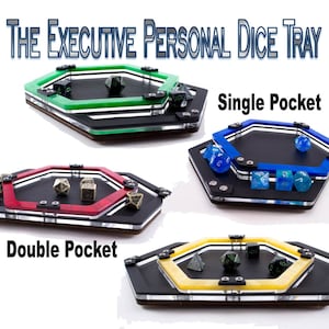 May include: The Executive Personal Dice Tray is a hexagonal tray with a black base and a colored rim. The tray has a single or double pocket for dice. The tray is shown with different colored rims: green, red, blue, and yellow.