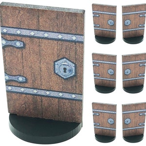 May include: Set of six wooden door tokens for tabletop games. Each token features a brown wooden door with a metal lock and hinges. The doors are mounted on black bases.
