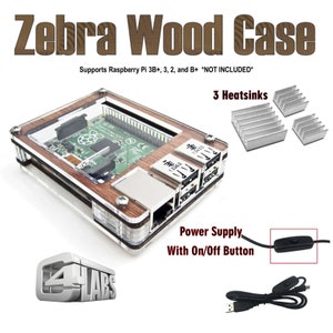 C4Labs Zebra case for Raspberry Pi 3B, 3, 2, 2B, B w/power cord, heatsinks & optional Fan upgrade Classic Wood image 1