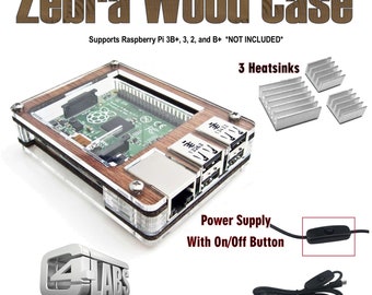 C4Labs Zebra case for Raspberry Pi 3B+, 3, 2, 2B, B+ w/power cord, heatsinks & optional Fan upgrade - Classic Wood