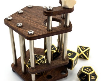 DnD Dice Jail | Metal Bars | Cage for Bad Dice | Prison | Fits Full Set of Dice (Walnut/Steel)