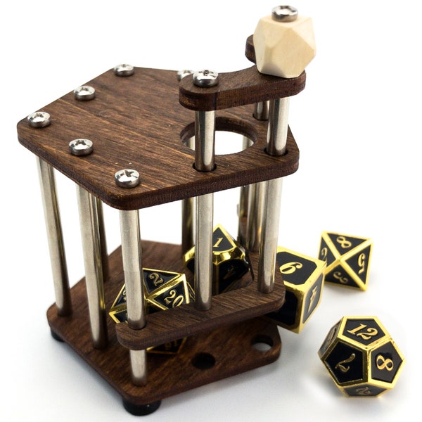 DnD Dice Jail | Metal Bars | Cage for Bad Dice | Prison | Fits Full Set of Dice (Walnut/Steel)