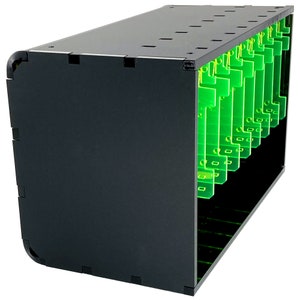 May include: A black plastic storage box with a clear front panel. The box has multiple slots for holding small items. The slots are lined with green plastic.