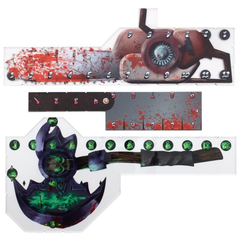 May include: A set of three clear plastic game pieces with a bloody chainsaw, a bloody axe, and a bloody knife. The pieces are numbered 1-12.