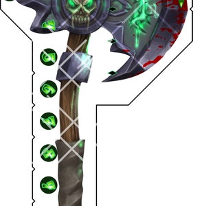May include: A green and black axe with a skull on the head of the axe. The axe is stained with red and has a wooden handle.