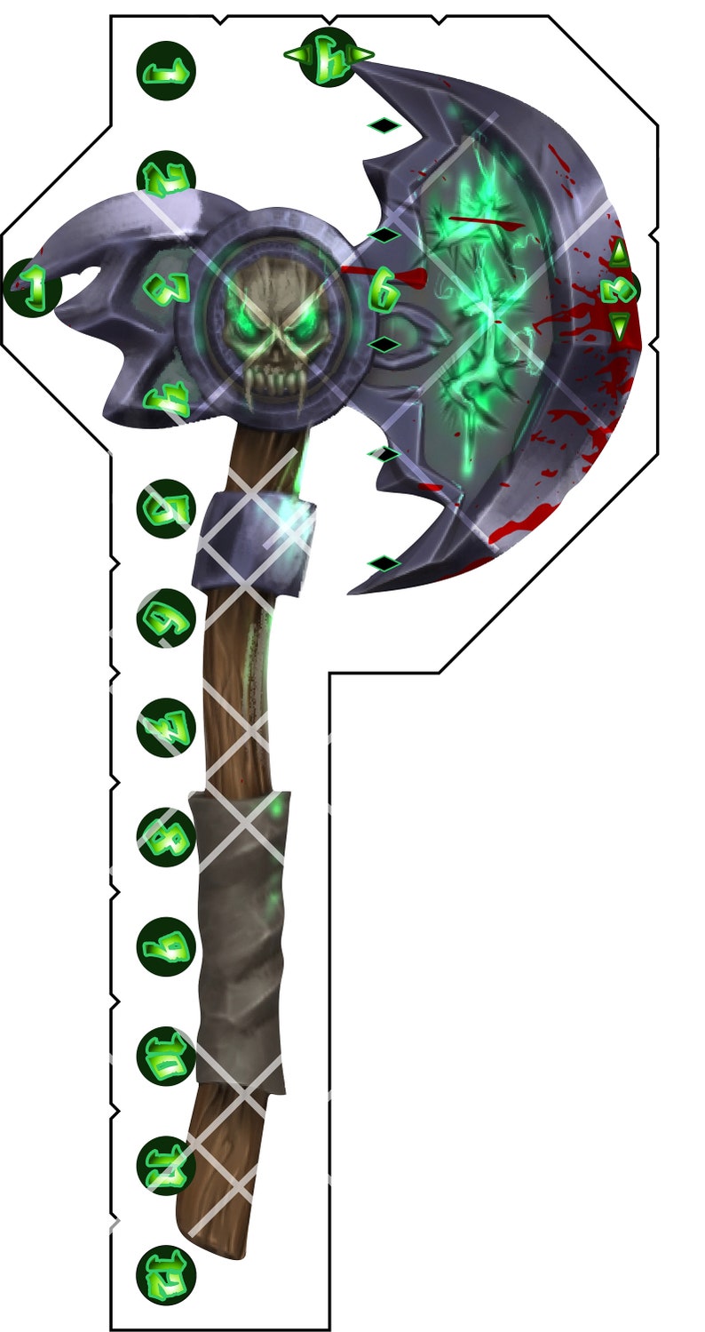 May include: A green and black axe with a skull on the head of the axe. The axe is stained with red and has a wooden handle.