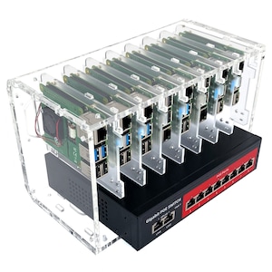 May include: A clear acrylic case with eight Raspberry Pi computers and a black Gigabit PoE switch with eight red RJ-45 ports labeled "POE Ports".