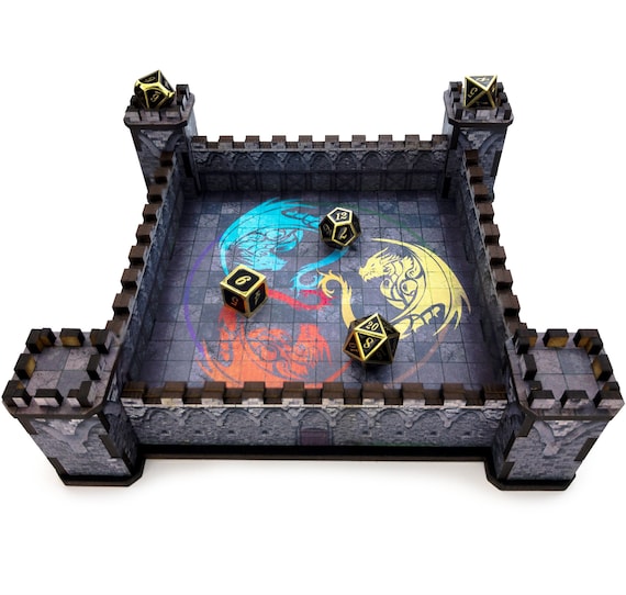 Castle DnD Dice Tray | Square Wooden D&D Dice Tray | USA | Dungeons and Dragons (Color)