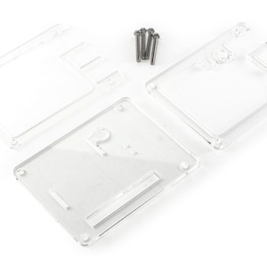 May include: A set of three clear acrylic pieces for a Raspberry Pi case. The pieces are designed to fit together to create a protective enclosure for the Raspberry Pi. The set also includes four silver screws for assembly.
