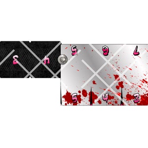 May include: A silver knife with a black handle and red blood splatters. The numbers 1 through 9 are printed on the blade in pink.