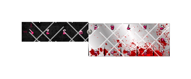 May include: A silver knife with a black handle and red blood splatters. The numbers 1 through 9 are printed on the blade in pink.