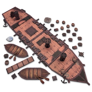 Barco DnD / Color completo en piezas de madera / Portátil / Cubierta superior e inferior / Cuadrícula de 2,5 cm / Juego de rol y de estrategia en tierra