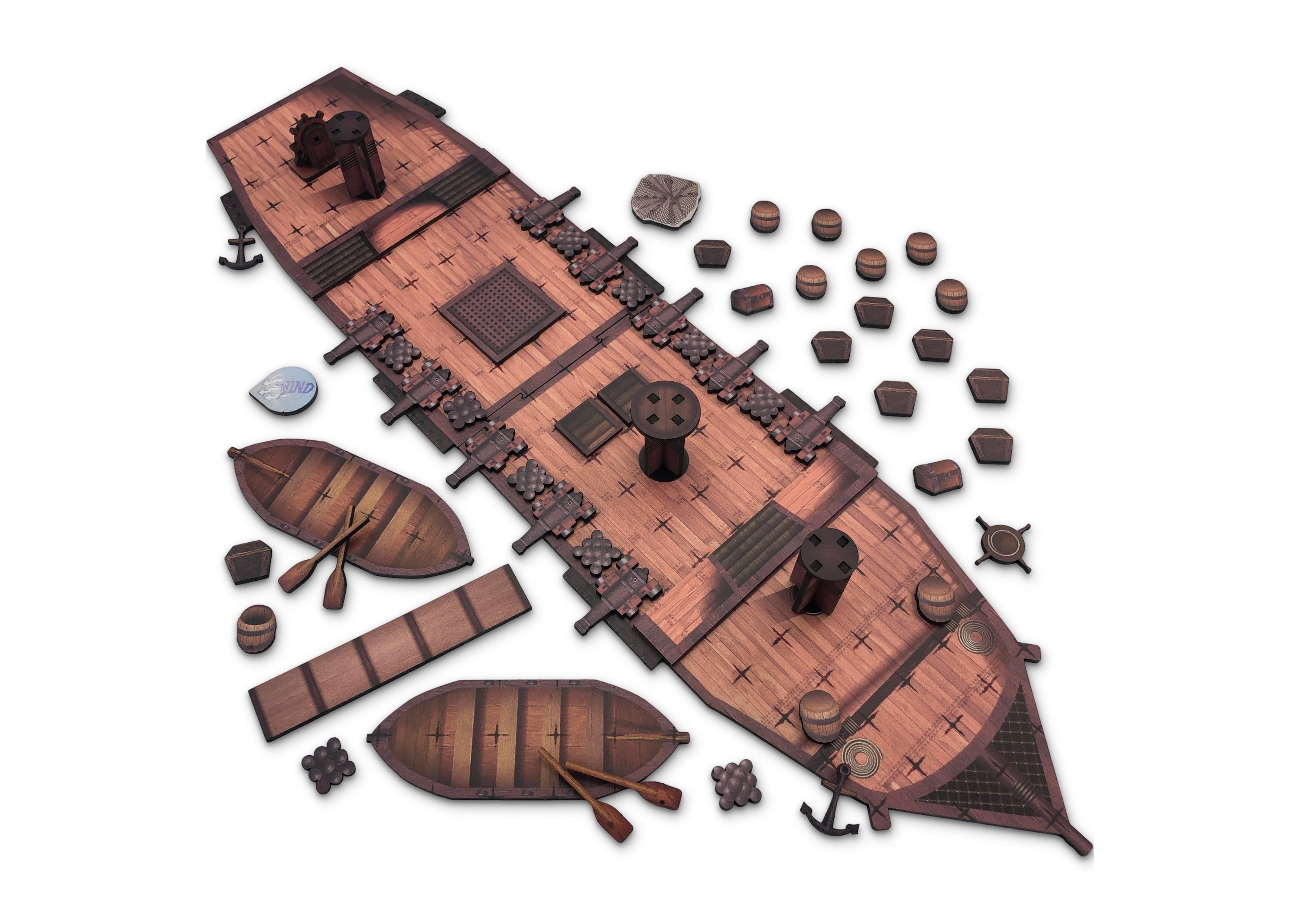 DnD Ship | Full Color On Wood Pieces | Portable | Upper & Lower Deck | 1” Grid | RPG and TTRPG