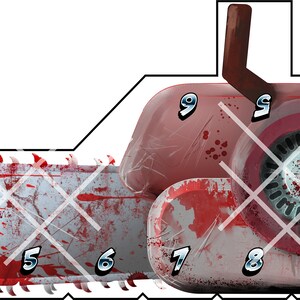 May include: A red and white chainsaw with a bloody blade and numbered sections. The chainsaw has a black handle and a silver blade. The numbers on the chainsaw are 1 through 12.