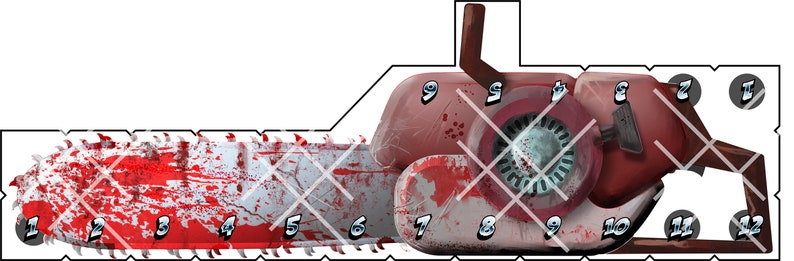 May include: A red and white chainsaw with a bloody blade and numbered sections. The chainsaw has a black handle and a silver blade. The numbers on the chainsaw are 1 through 12.