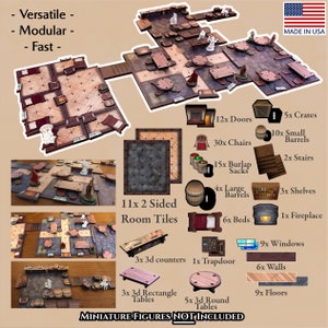 Könnte beinhalten: Ein Set mit 11 doppelseitigen Raumkacheln für Tabletop-Spiele, mit einer Vielzahl von Möbeln und Zubehör, darunter Stühle, Tische, Betten, Türen, Fenster, Regale, Kisten, Fässer und ein Kamin. Die Kacheln sind aus Holz und haben eine braune und beige Farbgebung. Das Set enthält auch 3D-Zähler, eine Falltür und verschiedene andere Accessoires. Der Text "MINIATURE FIGURES NOT INCLUDED" ist am unteren Rand des Bildes gedruckt.