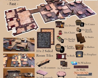 May include: A set of 11 double-sided room tiles for tabletop gaming, featuring a variety of furniture and accessories, including chairs, tables, beds, doors, windows, shelves, crates, barrels, and a fireplace. The tiles are made of wood and have a brown and beige color scheme. The set also includes 3D counters, a trapdoor, and various other accessories.  The text "MINIATURE FIGURES NOT INCLUDED" is printed at the bottom of the image.