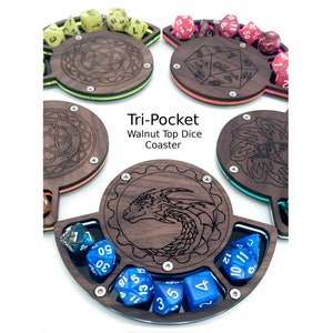 The Original Tri-Pocket Solid Walnut Top Dice Coasters in 4 styles and 5 Colors!